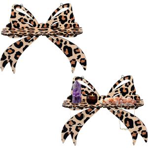 Pinkunn 2 Pcs Leopard Bow Wall Shelves Brown Cheetah Floating Crystal Display Rack with Screws Wooden Decorative Shelves Wall Mount Rustic Home Decor for Crystals Stone Sundries Storage