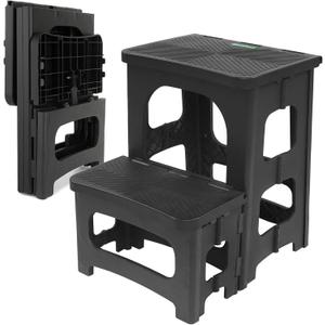 Folding 2-Step Stool for Adults Kids Non-Slip Collapsible Portable Step Stool for Kitchen Home Toilet Bedroom Office Bathroom Rv,Holds 300 Lbs(Black)