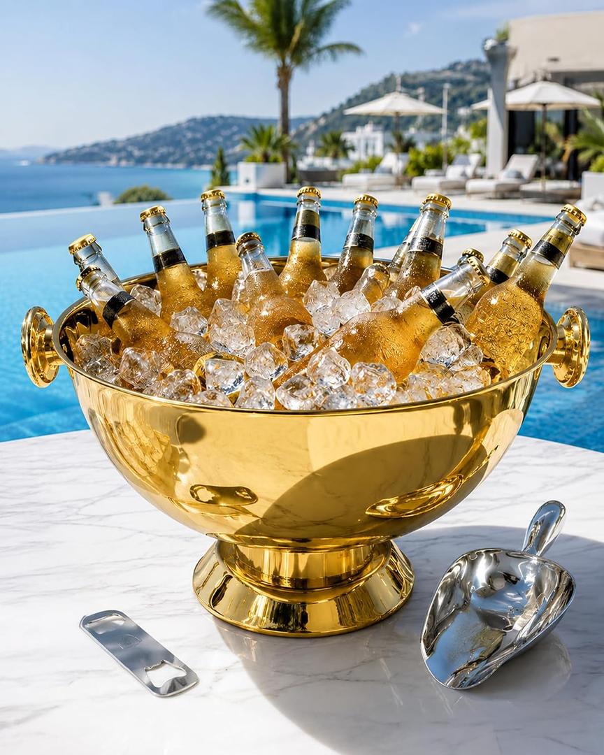 Polished Gold Large Stainless Steel Ice Bucket for Parties, Beverage Tub