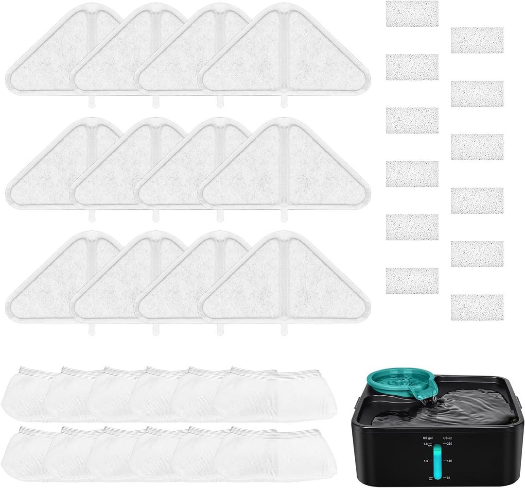XIHIRCD 12 Packs Replacement Filters for Kastty Dog Water Fountain 230oz/7L, Pet Fountain Filters, Cat Water Fountain Filters with 5 Layers Filtration System, Including Filter, Sponges, Mesh Bags