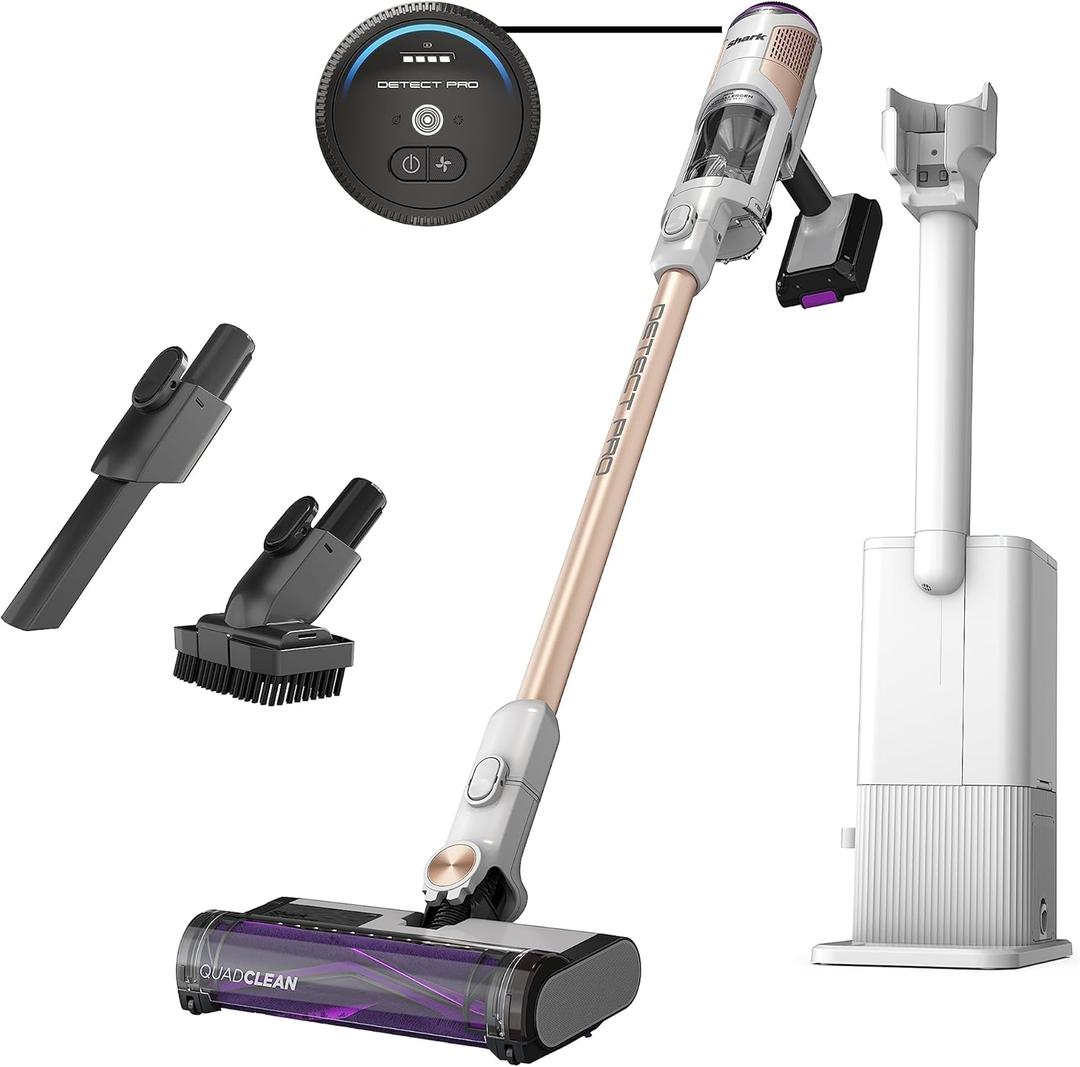 Shark IW3511 Detect Pro Auto-Empty System, Cordless Vacuum with HEPA, QuadClean Multi-Surface Brushroll, 60-Minute Runtime, Includes 8" Crevice Tool & Pet Multi-Tool, White/Beats Brass