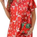 Samring Women's Satin Nightshirt Short/Long Sleeve Button Down Sleepshirt Silk Pajamas Sleep Shirt Nightgown for Women (Red Elk Christmas, Small)