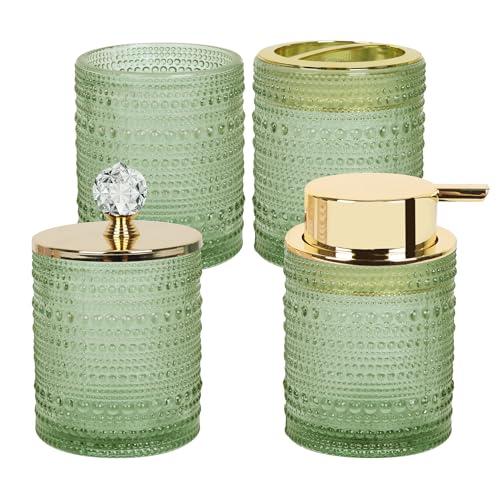 FEILANDUO Bathroom Accessories Set,4Pcs Glass Bathroom Accessories,Vanity Bathroom Decor, Soap Dispenser, Toothbrush Holder Set, Apothecary Jar, Gift for Home Apartment (Green A)
