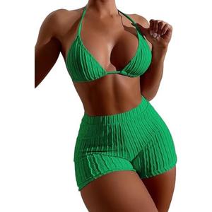 COZYEASE Women's 2 Piece Swimsuits Halter Triangle Top with High Waisted Shorts Bathing Suits Bikini Sets Size M