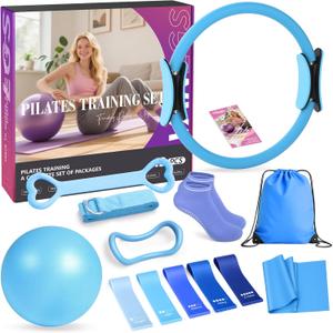Pilates Kit 13Pcs Home Pilates Essentials Workout Kit with 13" Ring, 10" Ball and Resistance Bands for Women at Home Pilates Equipment Set for Beginners (Medium, Blue)