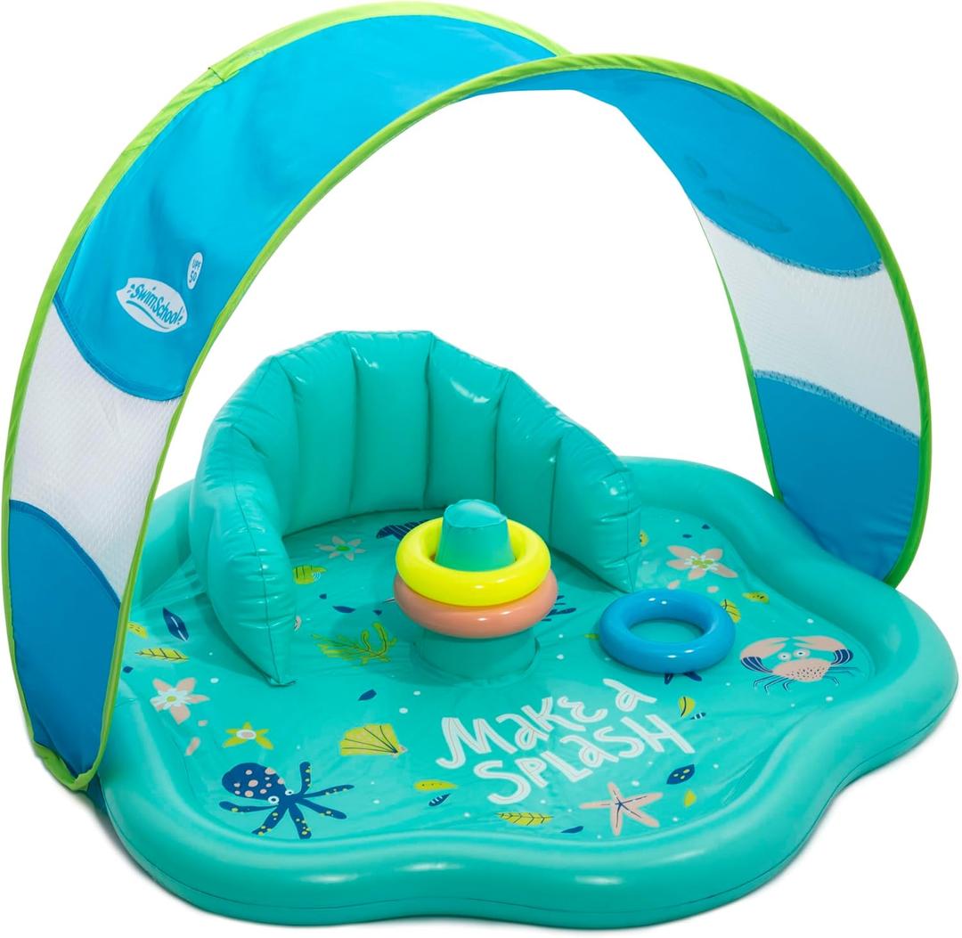 SwimSchool Infant Baby Pool Floats, Free Swimming, Super Buoyant Ages 6-24 Months Multiple Colors/Styles Adjustable Canopies and Seats, Splash & Play Baby Floaties, Splash Mat W/Backrest With Canopy