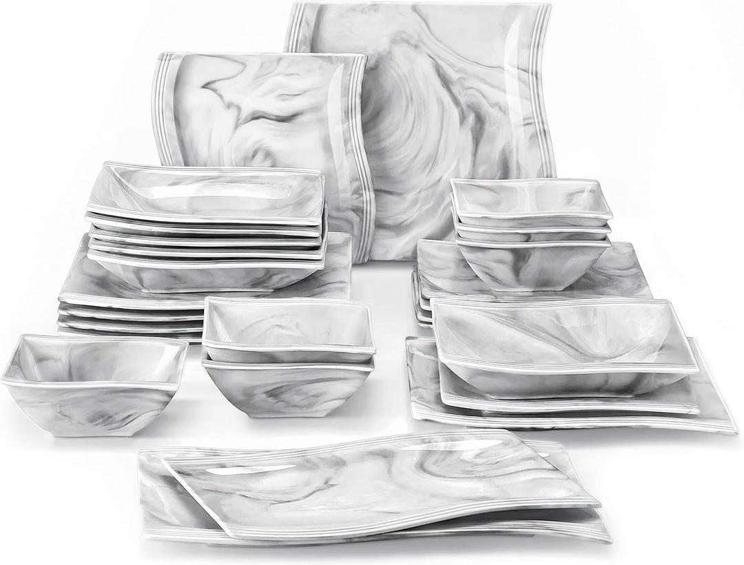 MALACASA 26-Piece Marble Grey Square Dinnerware Sets, Flora Porcelain Dinner Set for 6, Service for 6, Microwave & Dishwasher Safe, BPA, Lead & Cadmium Free