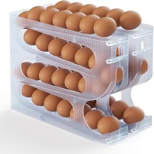 Sotfamily Egg Holder for Fridge, Auto Rolling Egg Dispenser for Refrigerator, Kitchen - Space-saving Egg Roller/Organizer/Storage/Container/Tray - 2 Packs for 56 Large Size Eggs(Frosted Clear)