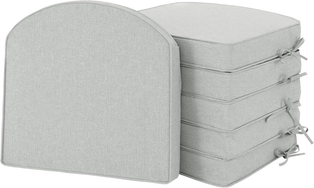 Outdoor Chair Cushions, Fade-Resistant & Water-Resistant, D Shaped Patio Furniture Seat Chair Pads Replacement with Ties, Non-Slip Bottom, Removable Cover, Set of 6, 18.5 x 16 Inch, Light Grey