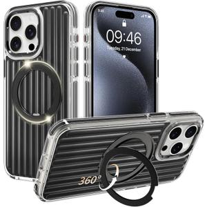 Phone Case Compatible with iPhone 15 Pro Max, with Magnetic Stand, Ring Kickstand, Compatible with Magsafe, Military Protection Black