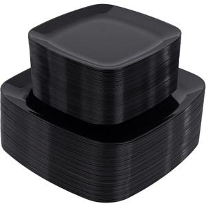 PULOTE 100 PCS Black Square Plastic Plates Disposable - Include 50 Each (10" Dinner & 7.25" Dessert) Plates - Ideal for Party & Graduation
