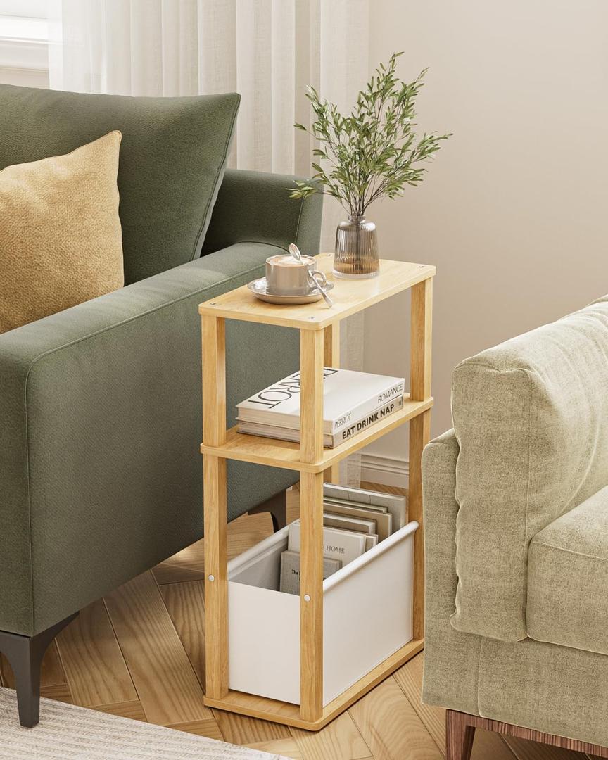 Narrow Wood Side Table, 3-Tier Night Stand with Storage Bag, Skinny Nightstand for Small Spaces, Bedside Table for Living Room, Bedroom, Oak