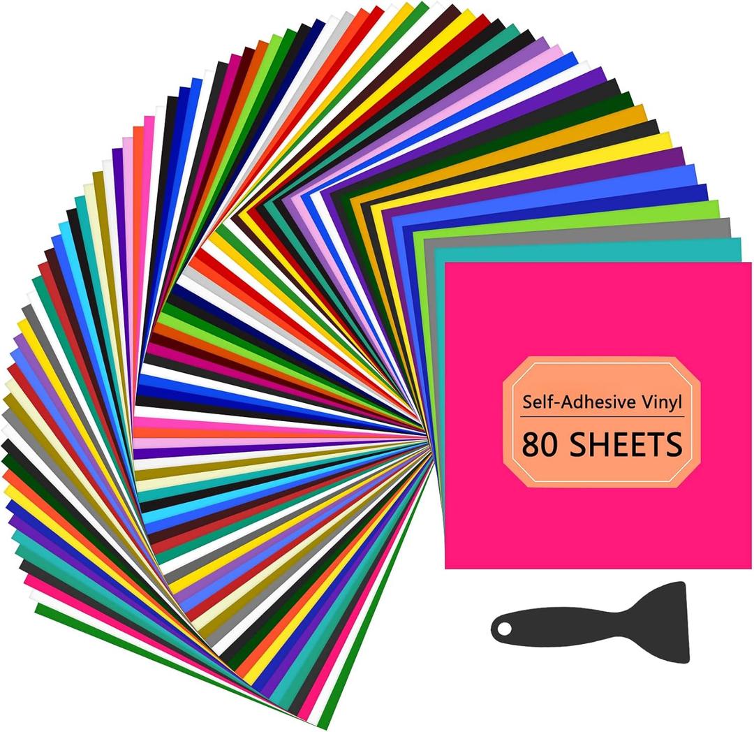 HTVRONT Permanent Vinyl for Cricut Machine - 80 Pack Permanent Adhesive Vinyl Sheets, 45 Assorted Colors Permanent Vinyl Bundle for Cricut, Silhouette, Cameo Cutters, Signs, Scrapbooking, Craft