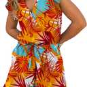VERABENDI Women’s Tropical Romper Vacation Outfit – V Neck Flutter Sleeve Tie Waist Beach Romper for Cruise, Resort & Island (Orange, M)