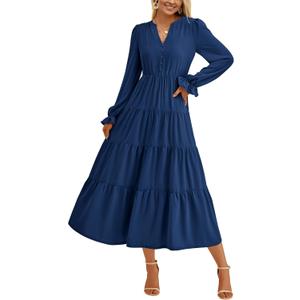PRETTYGARDEN Long Sleeve Dress for Women Fall V Neck Tiered A Line Spring Elegant Modest Flowy Wedding Guest Maxi Dresses (M)