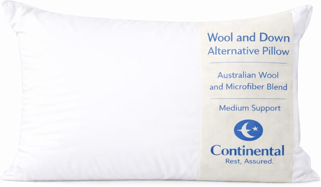 Continental Bedding Wool and Down Alternative Pillow Medium Support Australian Wool and Microfiber Blend 300 Thread Count 100% Cotton Cover, Standard