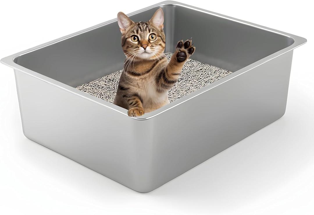 Kirecoo Stainless Steel Cat Litter Box - Metal High Sided Cat Pan, Large Stainless Steel Box, Indoor Litter Tray, Non Stick, No Smell, Easy to Clean, Pet Toilet Supplies for Kitten, Kitty, Rabbit,  17.52" L x 13.58" W x 5.9" H