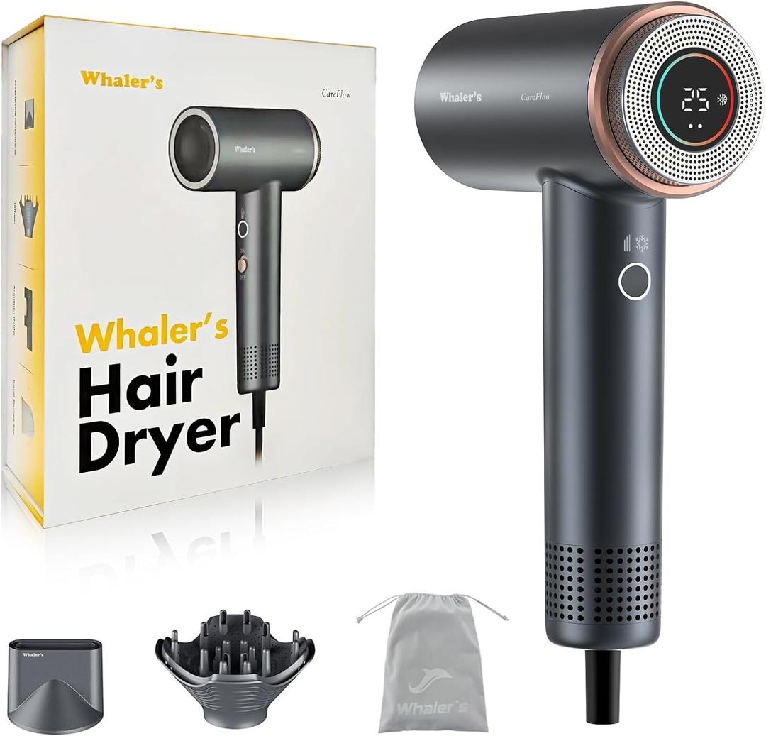 WHALER'S Professional Hair Dryer Ionic 1400W Fast Drying, 4 Speed/Heat Settings & Cool Shot, Dual Voltage for Travel, Includes Diffuser+Concentrator+Replacement Brush (1.4kW, 120V-240V) (Black)