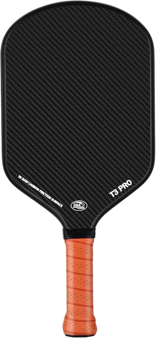 Pickleball Paddle - 3K Raw Carbon Fiber Surface (CFS) + Carbon Abrasion Surface (CAS) with High Grit & Spin, Sure-Grip Elongated Handle, Pickle Ball Paddle with 16mm Polypropylene Honeycomb Core
