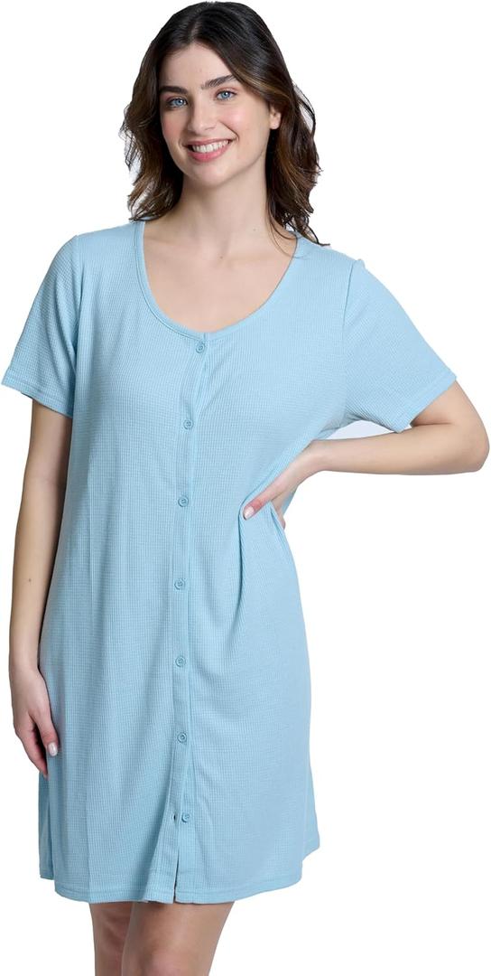 Mad Dog Women's Night Shirts - Soft Waffle Knit Womens Sleep Shirts, Short Sleeves Button-Up Pajamas Nightgowns Sleep Dress (XX-Large, Blue)