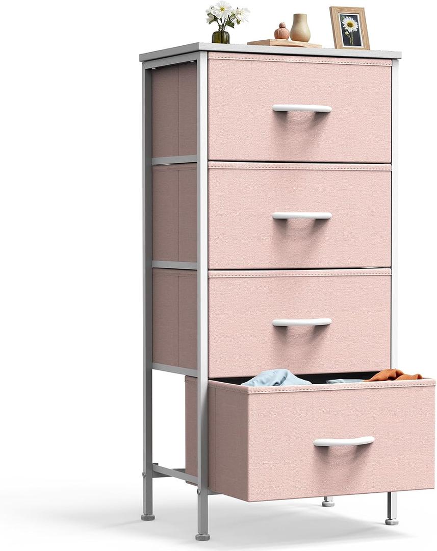 DUMOS Nightstand with 4 Drawers Bedside Table with Removable Fabric Bins Sturdy Steel Frame Wood Top Organizer Furniture for Bedroom Closet Living Room,Pink, 11.82"D x 17.71"W x 37.4"H
