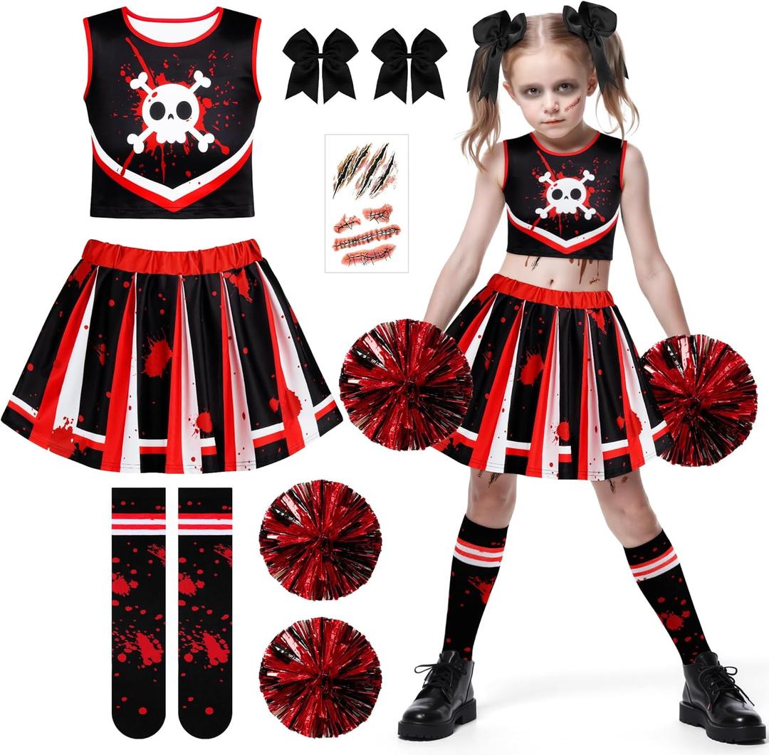RUODON 9 Pieces Girls Halloween Cheerleader Costume Zombie Fearleader Costume Set Includes Top Skirt Socks Pompom Sticker Bow (7-8 Years)