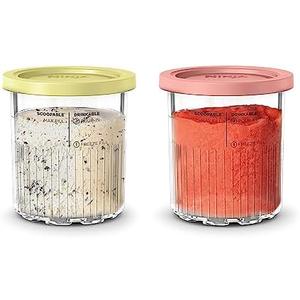 Ninja Creami Deluxe Pints 2 Pack, Compatible with NC500 Series Creami Deluxe Ice Cream Makers, Genuine Ninja Pint, BPA-Free & Dishwasher Safe, Color Lids, 1 Pint Each, Clear/Coral/Yellow, XSKPNTLD2​