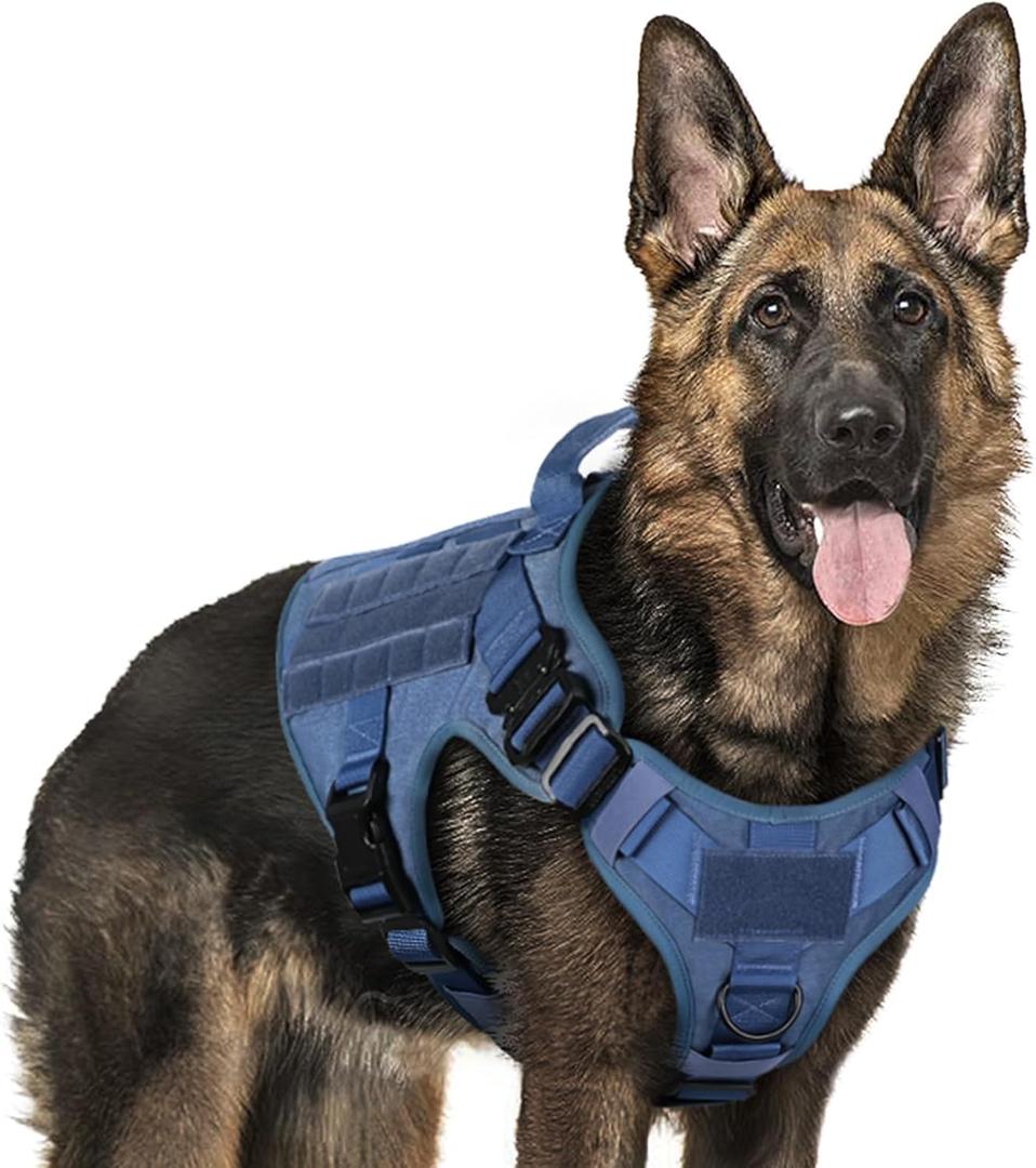 rabbitgoo Tactical Dog Harness for Large, Heavy Duty Pet Harness with Handle, No-Pull Service Vest Large Breed, Adjustable Military Dog Vest for Training Hunting Walking, Blue, Large