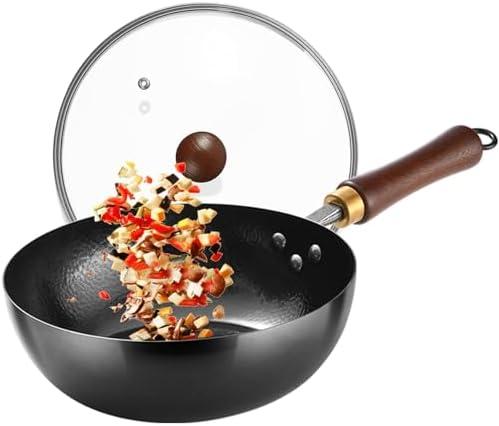 UMETRE Carbon Steel Wok Pan, 9.5" Woks & Stir-Fry Pans with Glass Lid Cookwares, Nonstick Wok Flat Bottom Small Handmade Chinese Wok For for All Stoves
