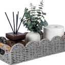 CubesLand Bathroom Basket Organizer w/Cut Out Handle, Back of Toilet Paper Storage Baskets Tray for Bathroom Countertop Decorative, Scalloped Wicker Basket Also for Home Decor, Living Room, Grey (14.96" (L) x 6.3" (W) x 3.54" (H))