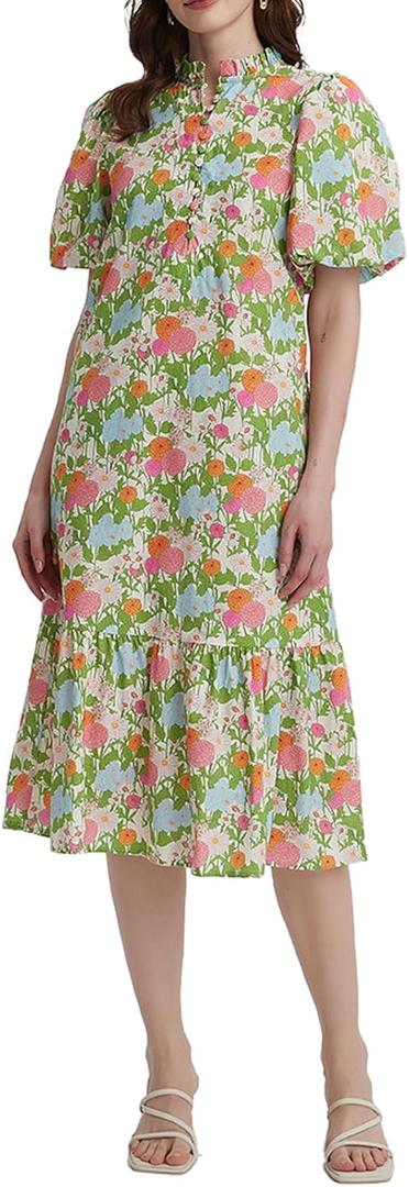 Summer Floral Midi Dress for Women Spring Puff Short Sleeve Button Down Flowy Boho Dresses (Large, Green)