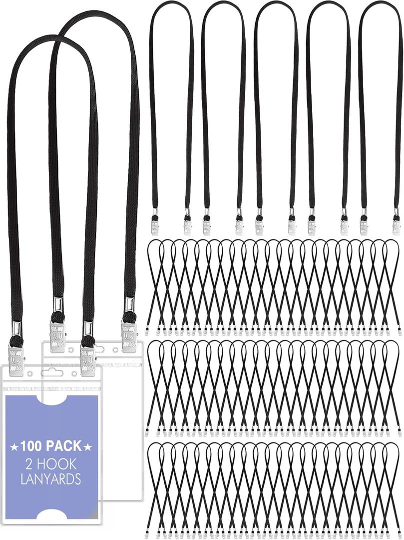 Patelai 100 Pack Double Clip Lanyards Bulk Face Mask Lanyard Twist Free 2 Hook Design Adjustable Badge Neck Strap for ID Name Badge Holder Back to School Conference Office Class Essential (Black)