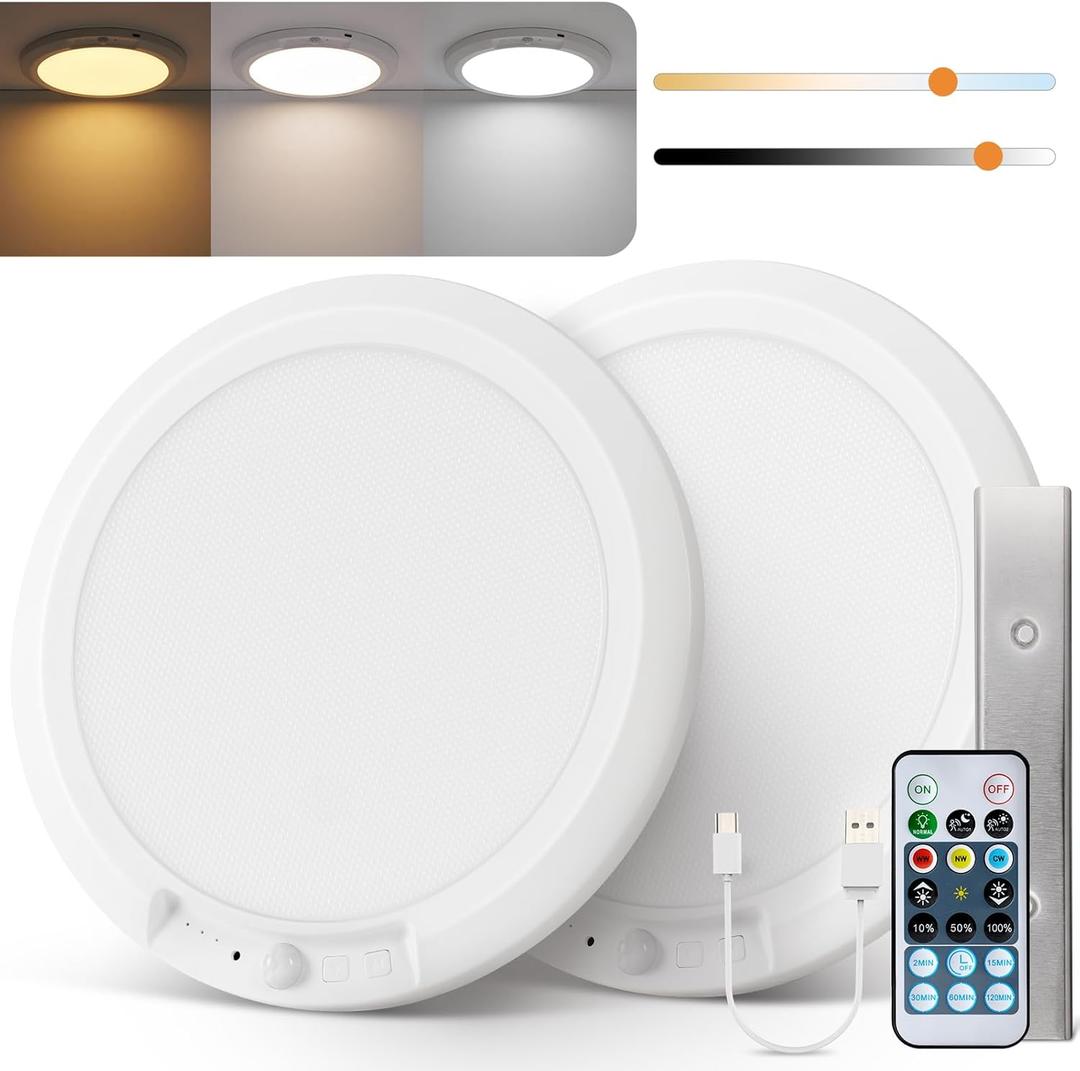 wowatt 10000mAh Rechargeable Ceiling Light with Remote, 3 Color Temperatures & Brightness Dimmable, Wireless Ceiling Light with Magnetic Design, Battery Ceiling Light for Shower Hallway Pantry(2 Pcs)