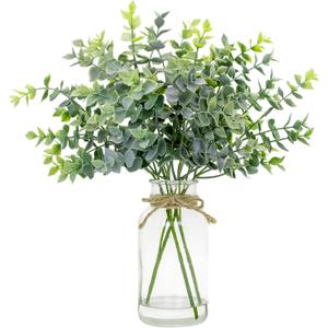 Artificial Eucalyptus Stems in Glass Vase with Faux Water,14" Fake Plants Eucalyptus Leaves for Home Office Centerpiece Table Decorations Farmhouse Wedding Home Greenery DecorGreen