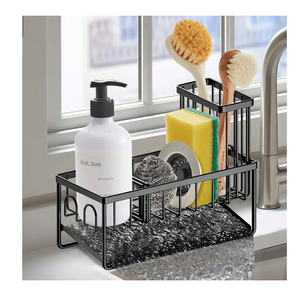 Sinnsally Sponge Holder for Kitchen Sink Organizer Caddy,Dish Brush Scrubber Holder,Stainless Steel Sink Box Holder with Stand,Soap Dispenser Set Tray Counter Accessories & Storage Rack (Black)