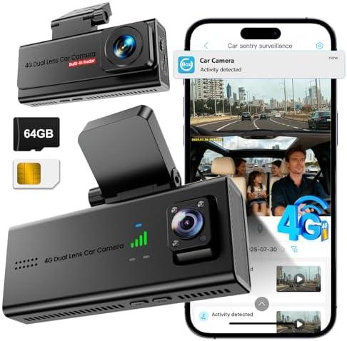 Dash Cam, Veralyxa 4G LTE Car Dash Camera Front and Cabin with SIM Card, 64GB SD Card, Remote Live-View & Event Video Alarts, 170° View, 24/7 Parking Mode, Radar Motion Detection, 2-Way Talk