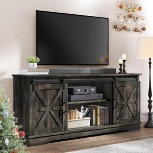 YITAHOME Farmhouse TV Stand for 65 Inch Television Stand, Entertainment Center with Storage Cabinets and Sliding Barn Doors, Rustic Media TV Console Table for Living Room, Dark Rustic Oak