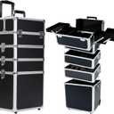 Makeup Rolling Train Case - Professional Cosmetics Organizer with Aluminum Frame, Folding Trays & Wheels, Portable for Travel & Studio (Black)