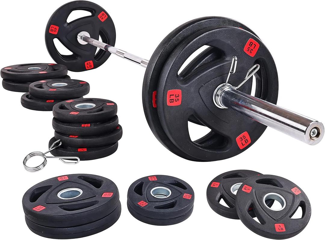Signature Fitness Cast Iron Olympic 2-Inch Weight Plates Including 7FT Olympic Barbell, 130-Pound, 300-Pound or 325-Pound Set, Multiple Packages