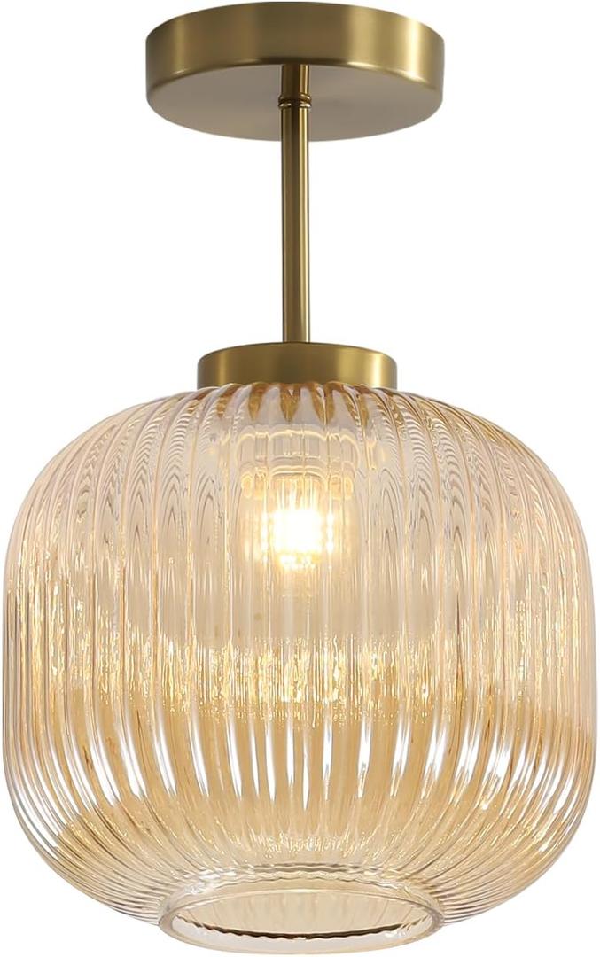 KCO Lighting Amber Glass Ceiling Lamp Mid Century Modern Ceiling Lights Gold Brass Semi Flush Mount Ceiling Light Small Bathroom Ceiling Light Fixtures