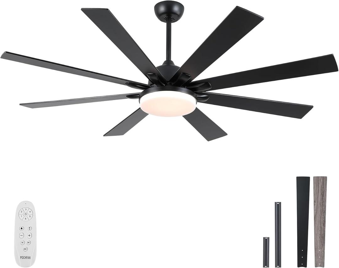62 Inch Ceiling Fans with Lights,Large Modern Ceiling fan with Remote and 8 Wooden Blades,Dimmable,6 Speeds,Noiseless Reversible Indoor&Outdoor Fan for Bedroom,Patio,Living Room (Black)
