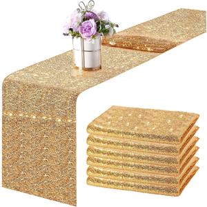 Tegeme 6 Pieces 12 x 108 Inches Sequin Table Runners Glitter Sequin Runner Rectangular Table Runner Cloth for Christmas New Year Birthday Wedding Holiday Party Decorations(Champagne Gold)