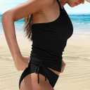 LVZIJUN Women's Tankini Sets Two Piece Bathing Suits Halter Neck Tummy Conrol Tankini Swimsuits Solid Color Thong Bottom (Medium, Black)