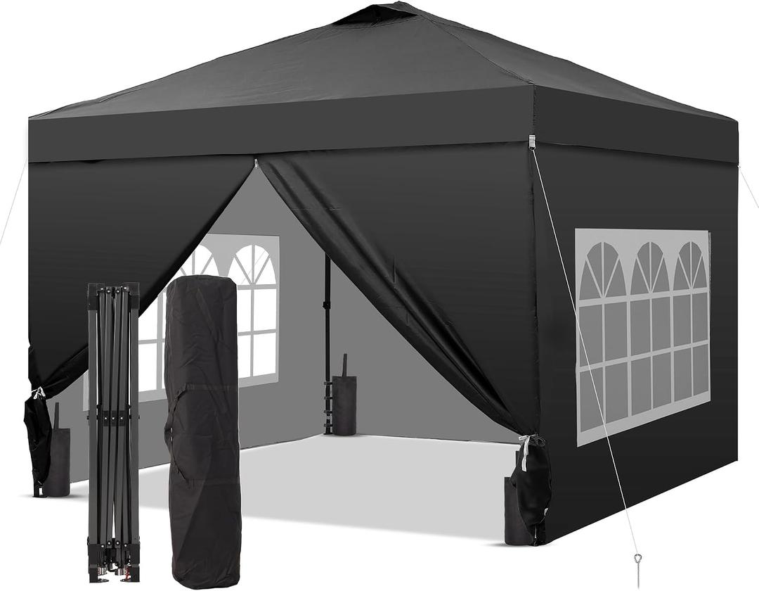 GDY 10x10 Pop Up Canopy Tent with 4 Sidewalls, Easy Set up with One Push Lift Outdoor Silver Coated Beach Gazebos, Carpas with 4 Sandbags, for Events, Parties,Camping, Black.