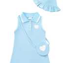 Renotemy Toddler Summer Girl Dress 2T 3T Girl Clothes Little Girls Dresses Beach Birthday Party Gifts 2-3 Year Old Girls Sport Outfits Blue Sleeveless Casual Tennis Polo Sundress with Hat and Bag