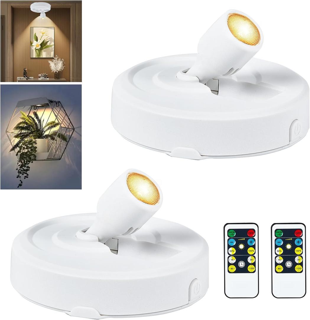 RAHAN 2Pack Battery Operated LED Spotlight, Picture Spot Lights, Indoor Uplights with Remote Dimmable & Timer, Plants Puck Light, Wall Display Lights for Dartboard Paintings Portrait Artwork