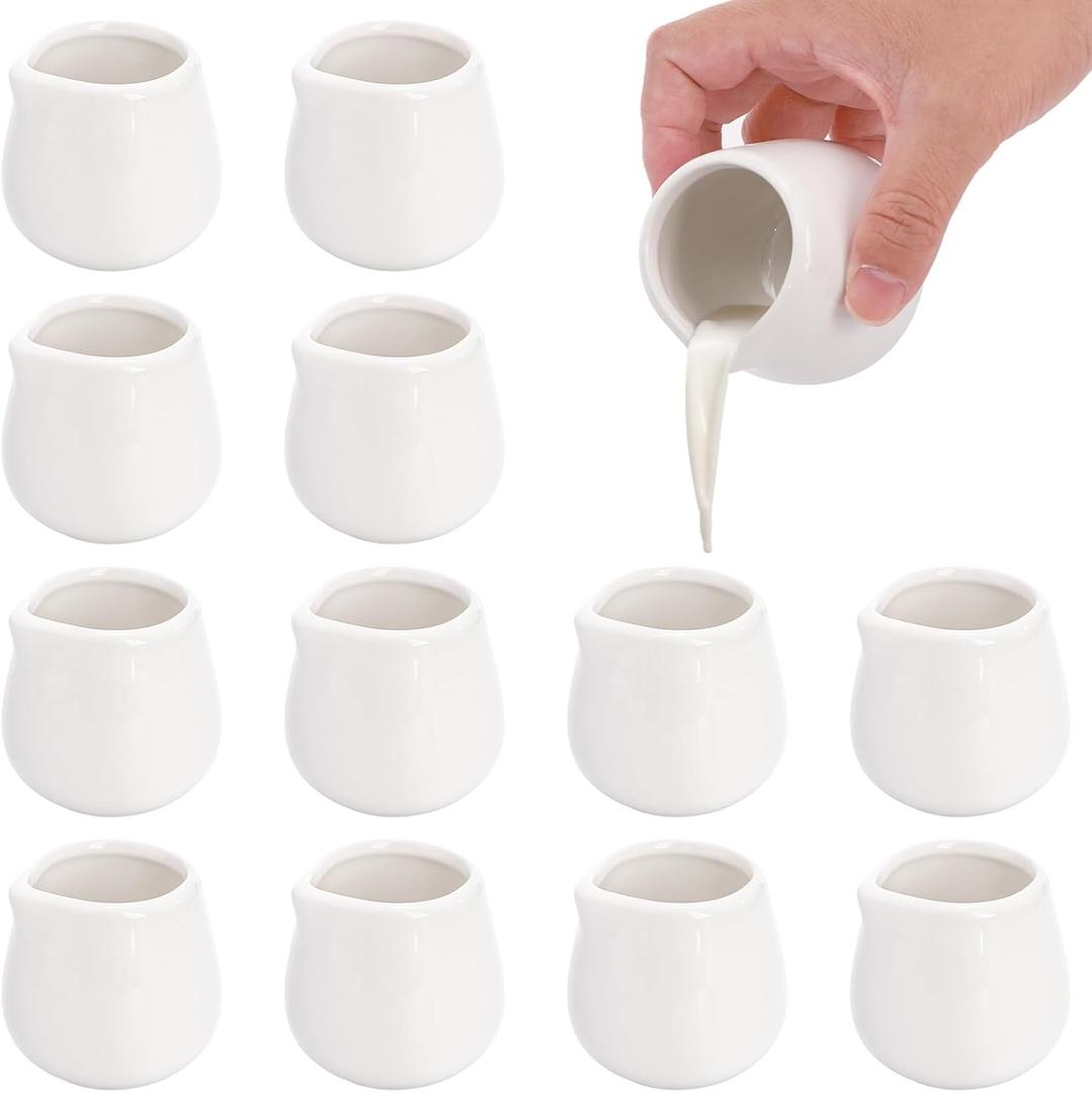 Dicunoy 12 PCS Mini Ceramic Creamers, 3 OZ Small Creamer Pitchers, White Little Individual Creamers Dispenser for Milk, Tea, Coffee, Syrup, Butter, Sauces, Restaurant, Dinner Party, MicrowaveSafe