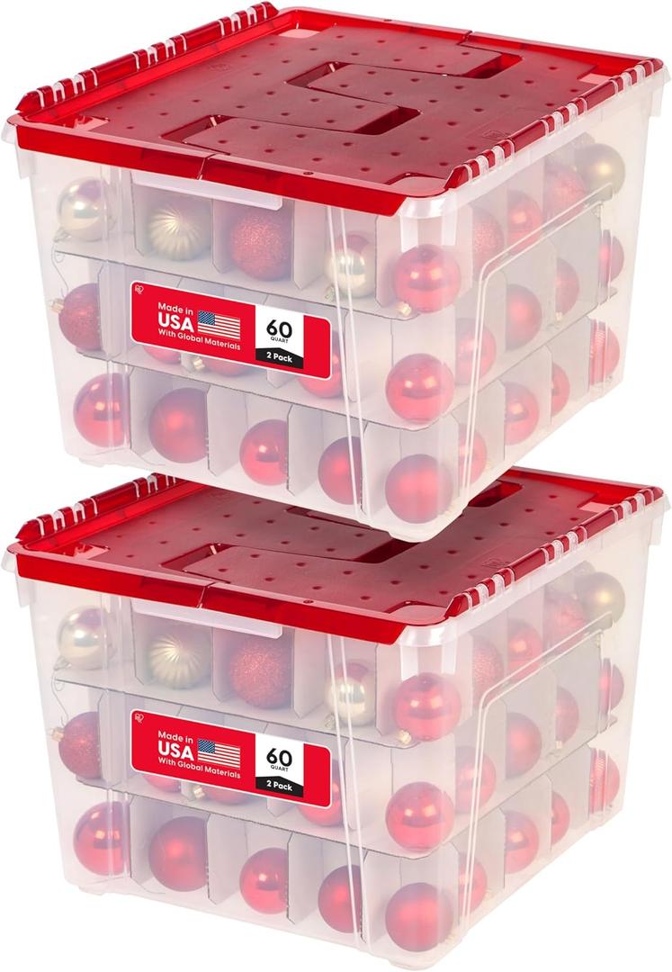IRIS USA Ornament Storage Box with Attached Lid, Stores 75 Ornaments per Bin, 2-Pack, Stackable Durable Christmas Storage Organization Container Bin for Holiday Decorations and Accessories, Clear/Red, Size: 94 Qt. - 2 Pack