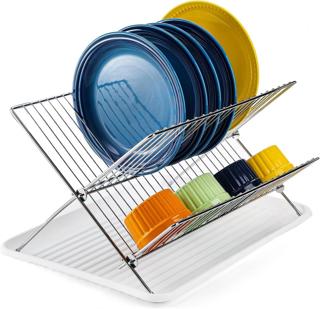 Youeon Foldable Dish Drying Rack with Drip Tray, Stainless Steel 2 Tier Dish Drainer Rack, Collapsible Dish Drainer, Folding Dish Rack for Kitchen Sink, Countertop, Cutlery, Plates, Dishes, 16.5"L x 12.2"W x 9"H
