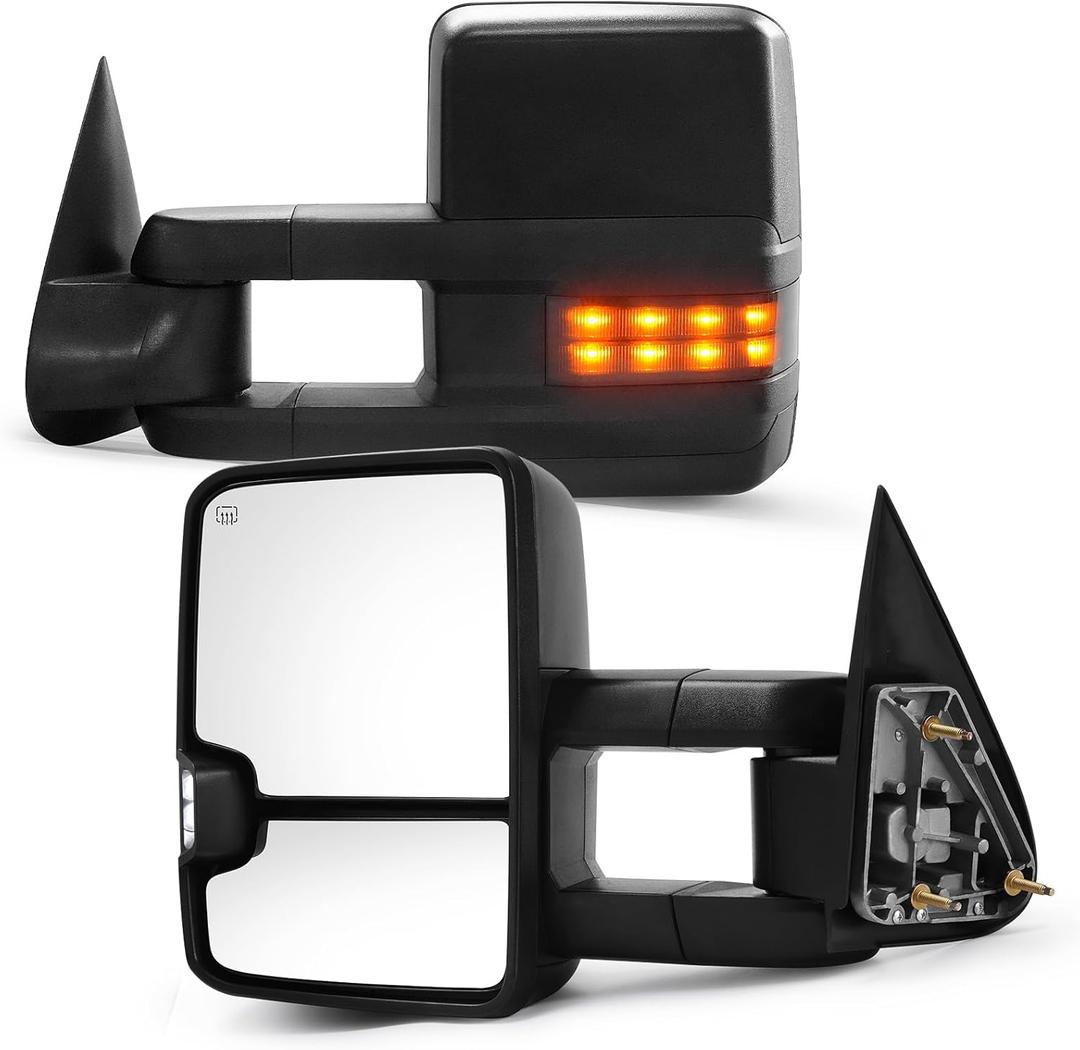Towing Mirrors Compatible with 2003-2007 Chevy Silverado GMC Sierra 1500/2500 HD/3500, Power Heated Rear View Mirrors with Smoked Turn Signals, Driver and Passenger Side Mirrors Pair Black
